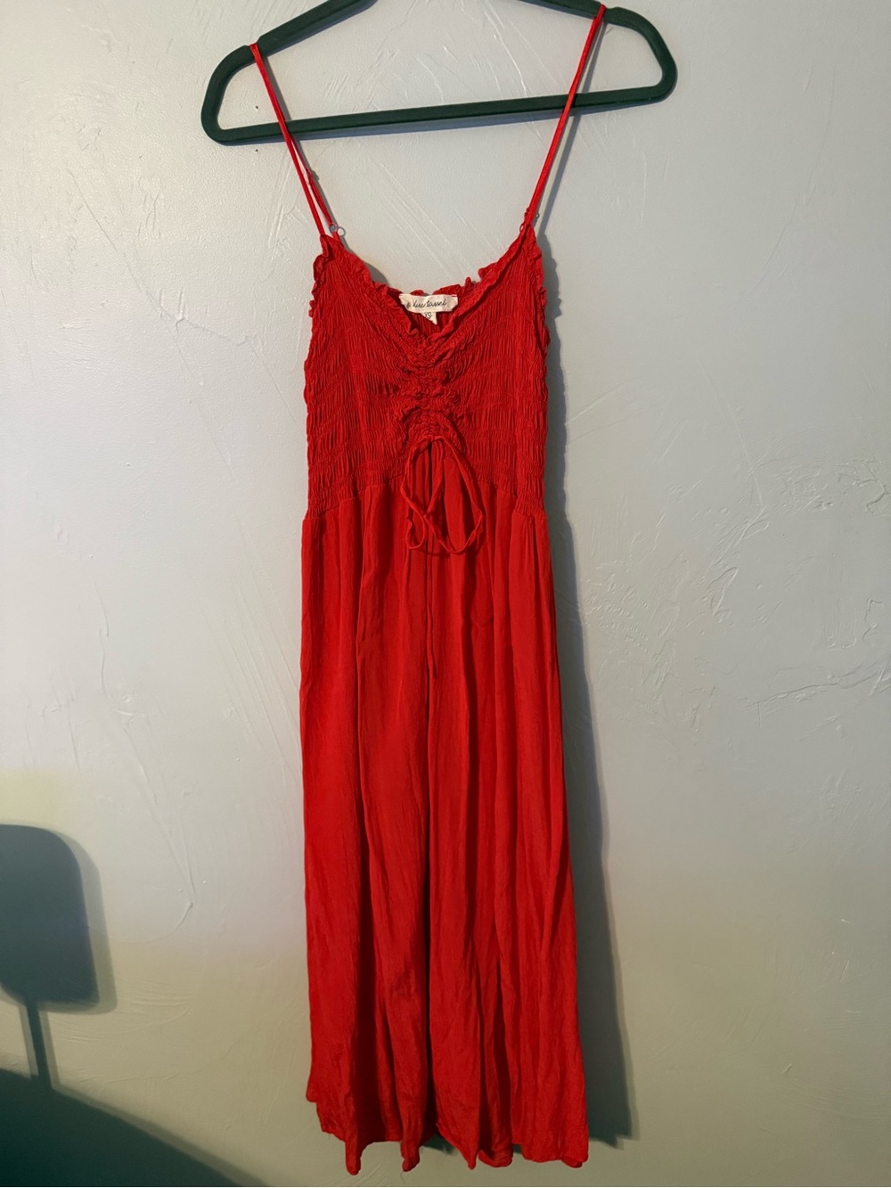 Blue Tassel Red Smocked Tie Front Midi Dress XS Boho Cottagecore
